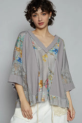 POL Floral V-Neck Raw Edge T-Shirt with Lace Detail Dark Gray OutfitFlow