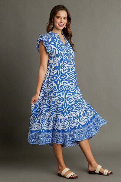 Umgee Full Size Two Tone Border Print Ruffle Cap Sleeve Midi Dress Plus Size OutfitFlow