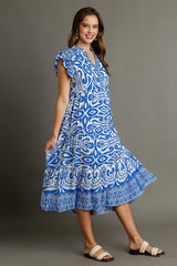 Umgee Full Size Two Tone Border Print Ruffle Cap Sleeve Midi Dress Plus Size OutfitFlow