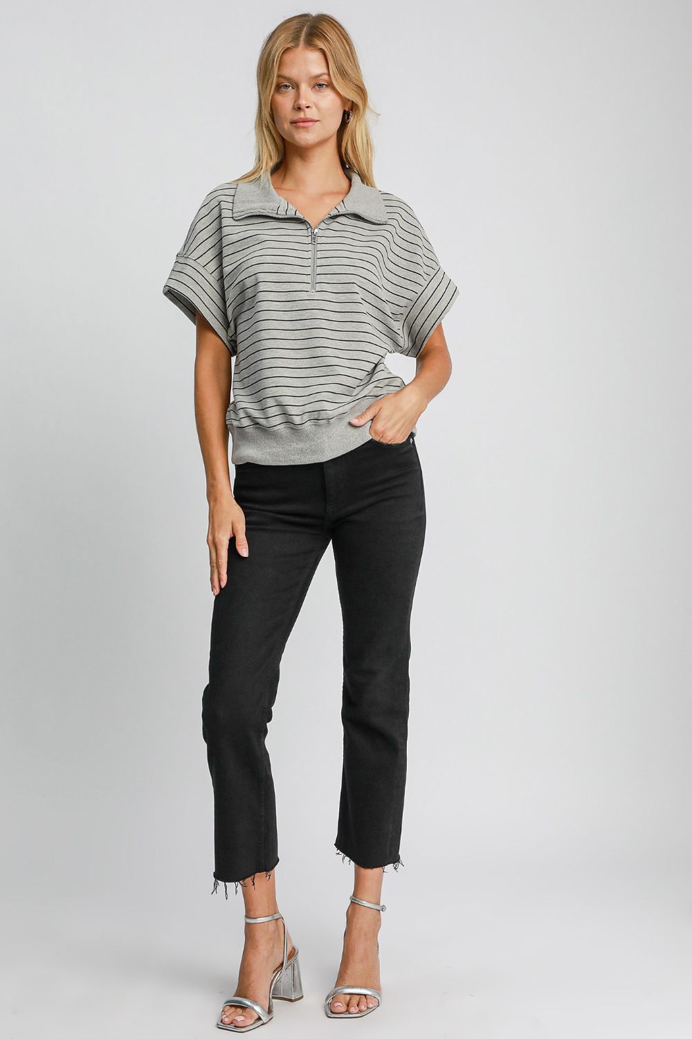 Outfit Flow - Umgee Striped Half Zip Short Sleeve Sweatshirt