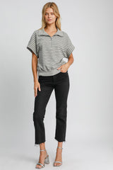 Outfit Flow - Umgee Striped Half Zip Short Sleeve Sweatshirt