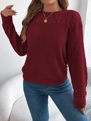 Openwork Round Neck Long Sleeve Sweater OutfitFlow