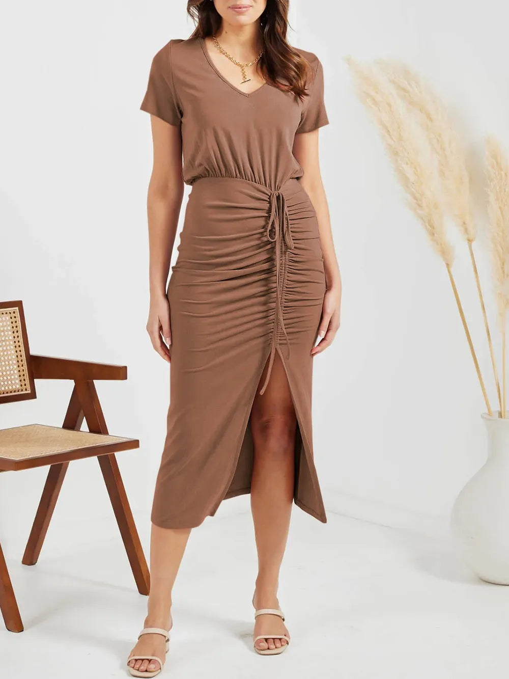 Ruched Slit V-Neck Short Sleeve Dress OutfitFlow