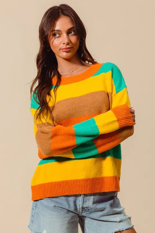 SO ME Multi Color Stripe Sweater with Ribbed Detail OutfitFlow