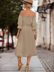 Off-Shoulder Flounce Sleeve Midi Dress OutfitFlow