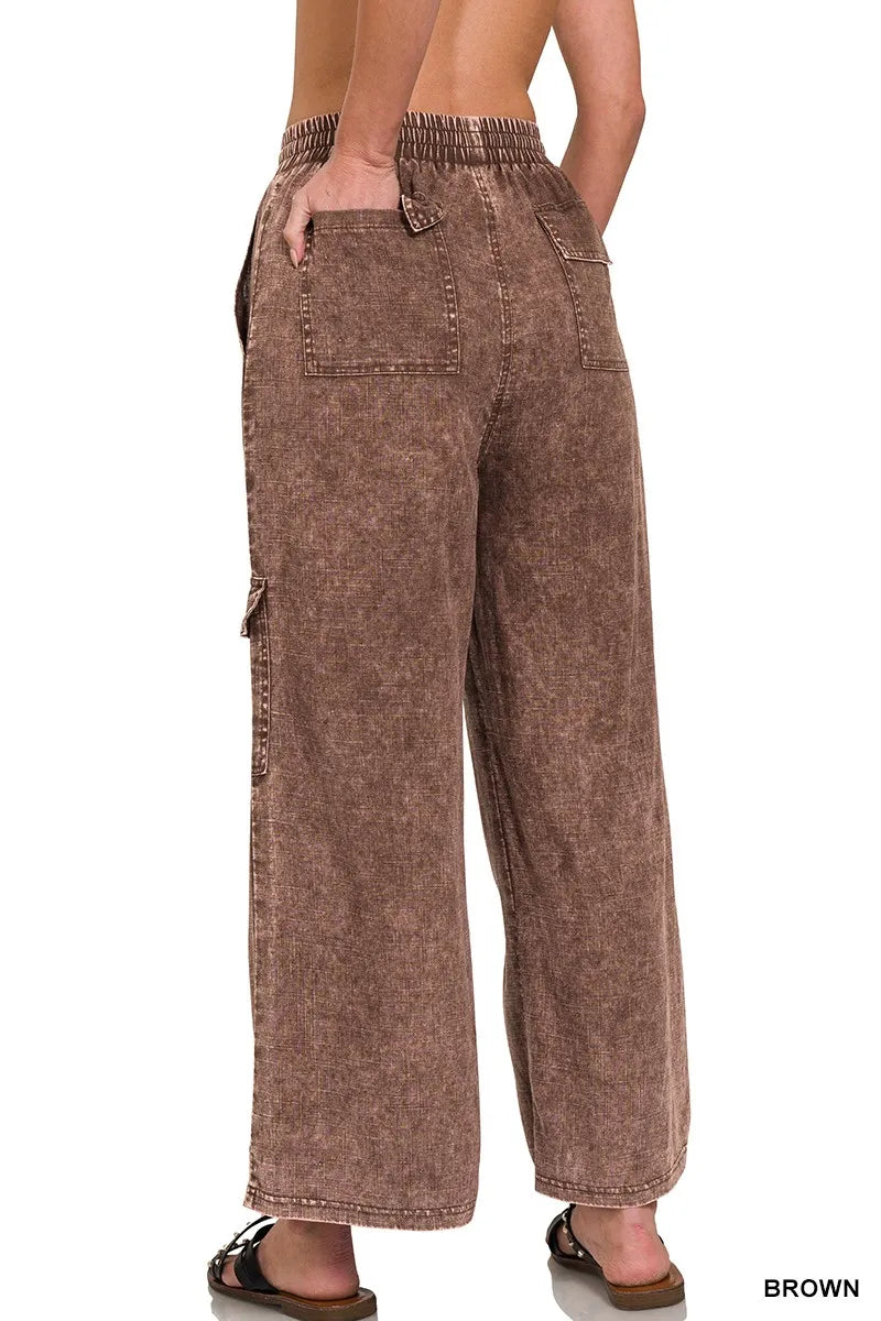 Zenana Washed Linen Elastic Band Waist Cargo Pants OutfitFlow
