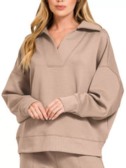 Zenana Scuba Collared Pullover and Pants Set OutfitFlow