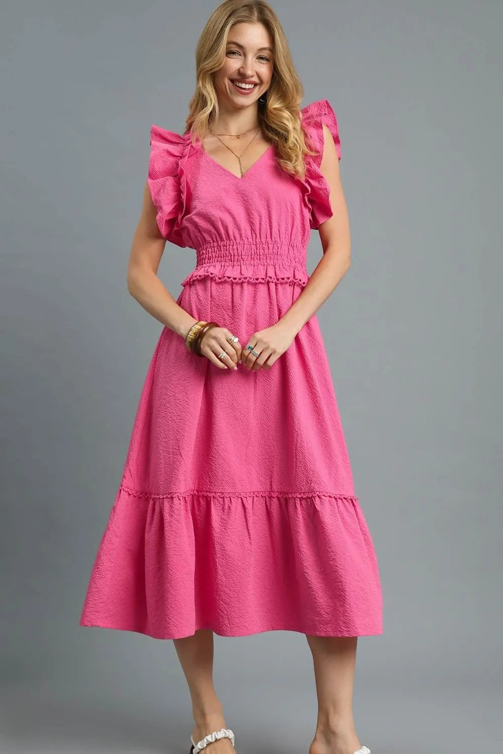 Umgee V-Neck Ruffled Cap Sleeve Midi Dress OutfitFlow