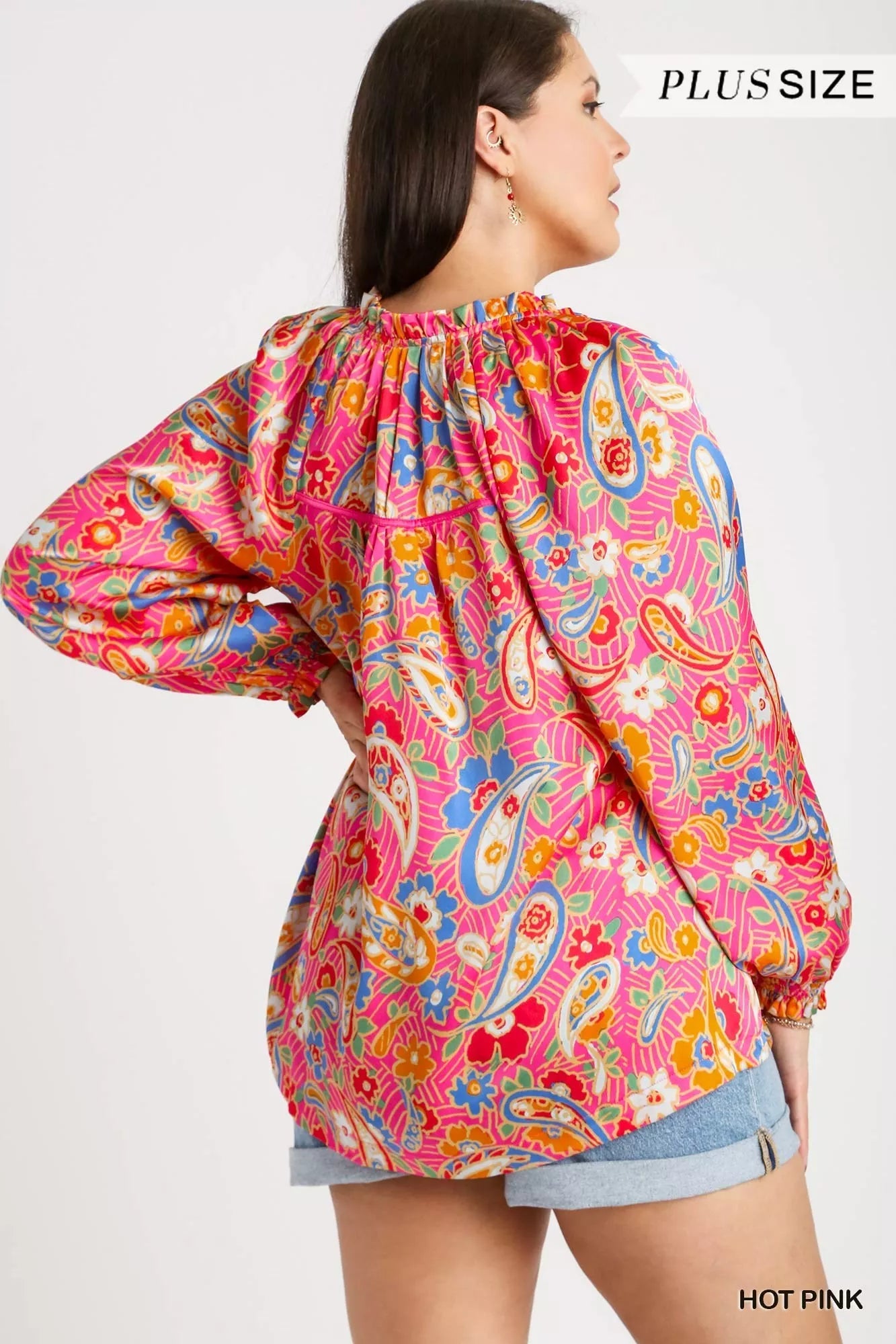 Umgee Full Size Satin Paisley Ruffle Neck Button-Up Shirt Plus Size Trendsi