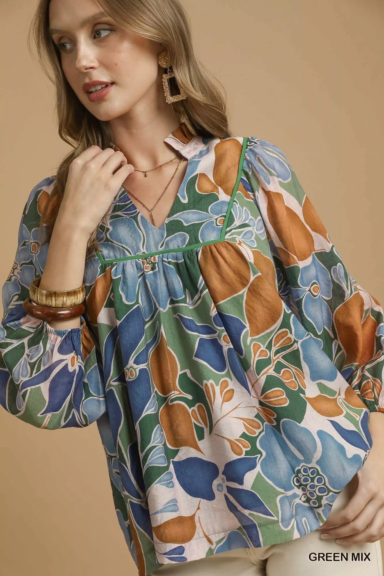 Umgee Multicolor Abstract Floral Print Blouse with Ruffle Neck OutfitFlow