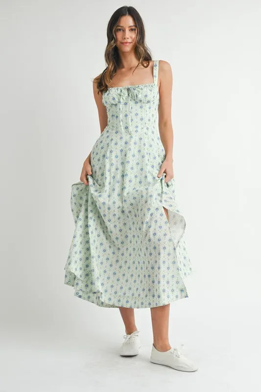 MABLE Floral Print Bustier Back Lace Up Midi Dress OutfitFlow
