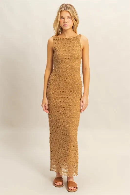 HYFVE Sleeveless Crochet Open Back Maxi Dress L.BROWN OutfitFlow