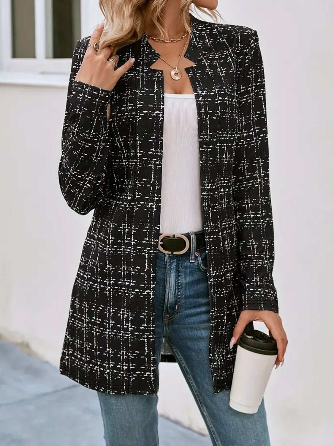 Outfit Flow - Plaid Open Front Long Sleeve Blazer