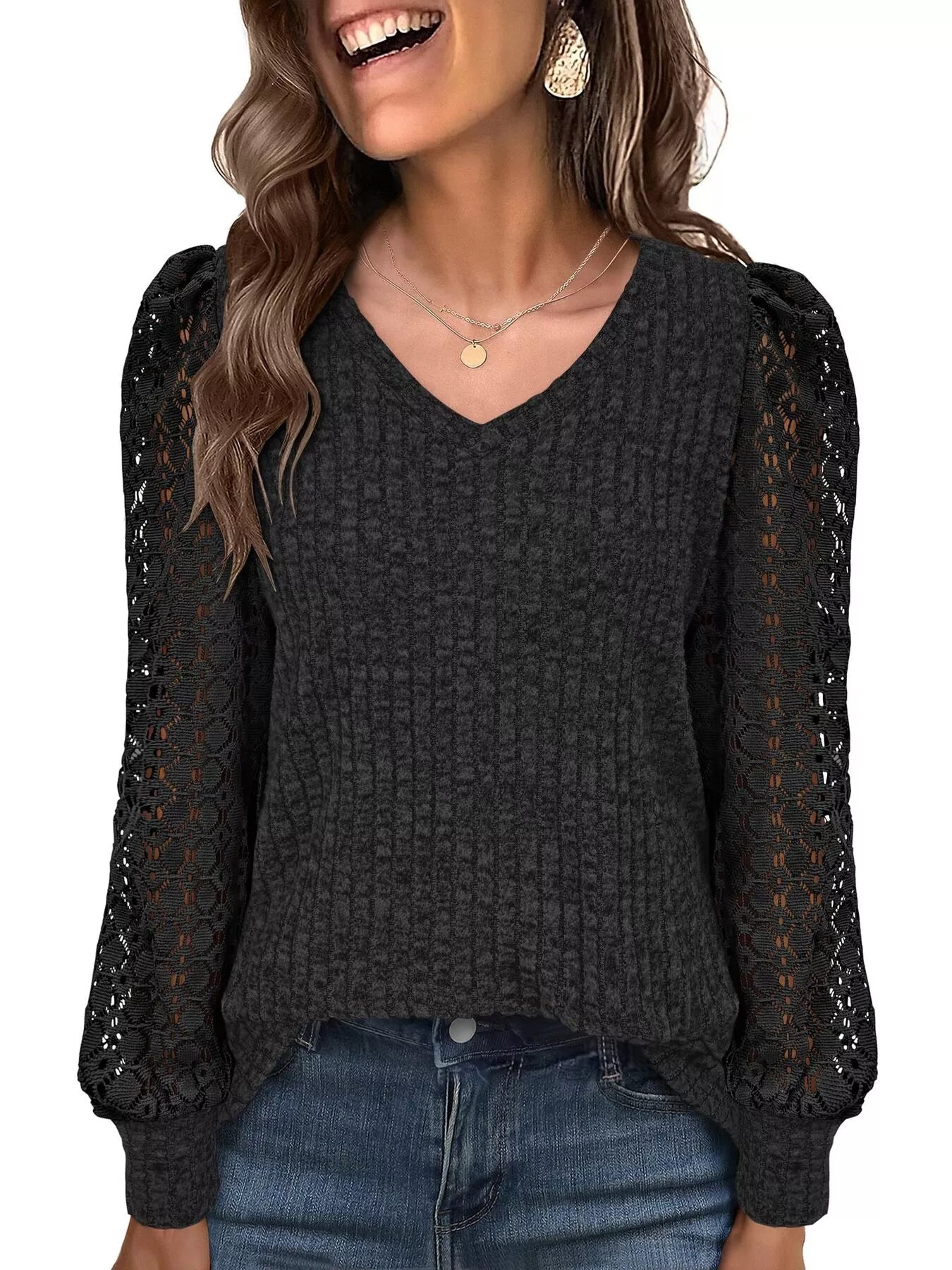 Lace Sleeve V-Neck T-Shirt OutfitFlow