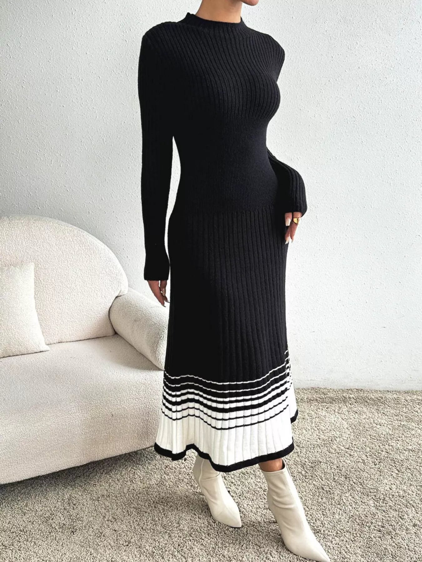 Ribbed Knit Sweater Dress with Striped Hem OutfitFlow