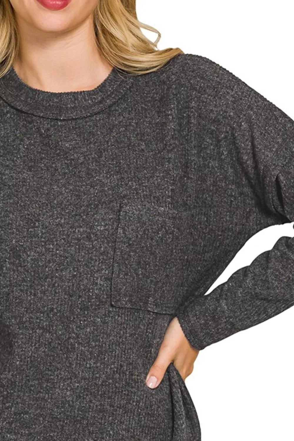 Zenana Ribbed Brushed Melange Hacci Sweater with Chest Pocket OutfitFlow