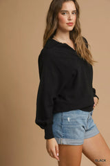 Umgee Linen Long Sleeves Elastic Hem Blouse OutfitFlow