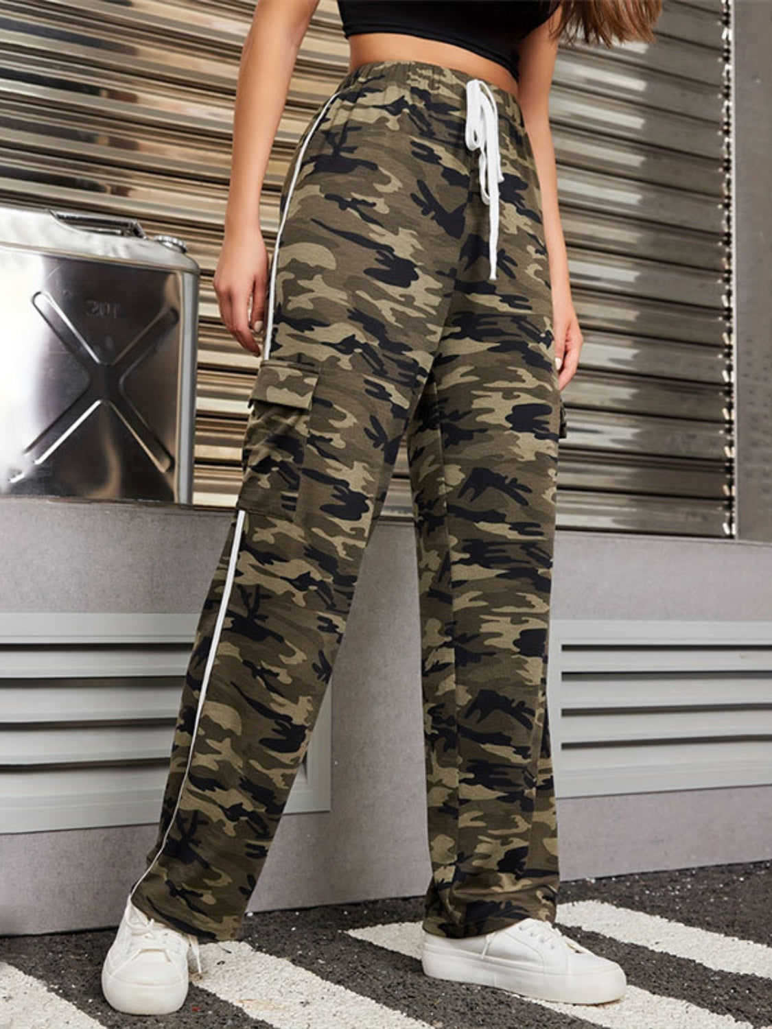 Outfit Flow - Tied Camouflage Pants with Cargo Pockets