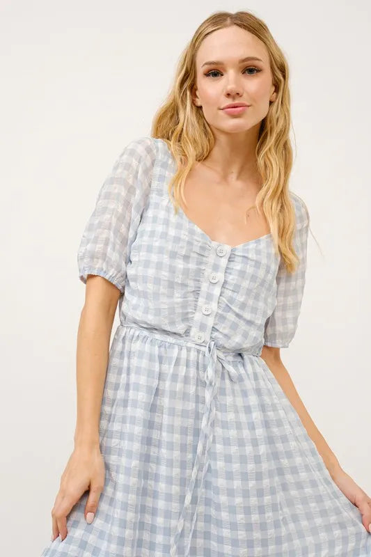 And The Why Puff Sleeve Ruched Button Front Gingham Dress OutfitFlow