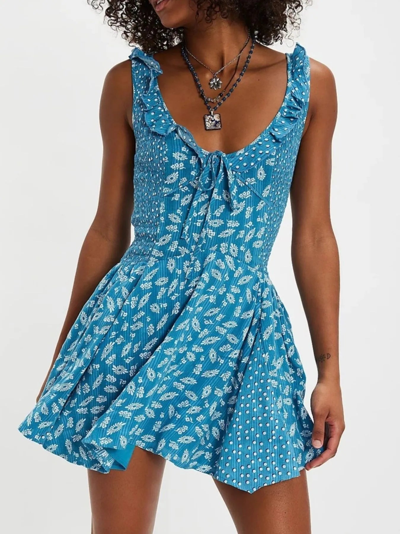 Floral Scoop Neck Mini Dress with Ruffle Hem OutfitFlow