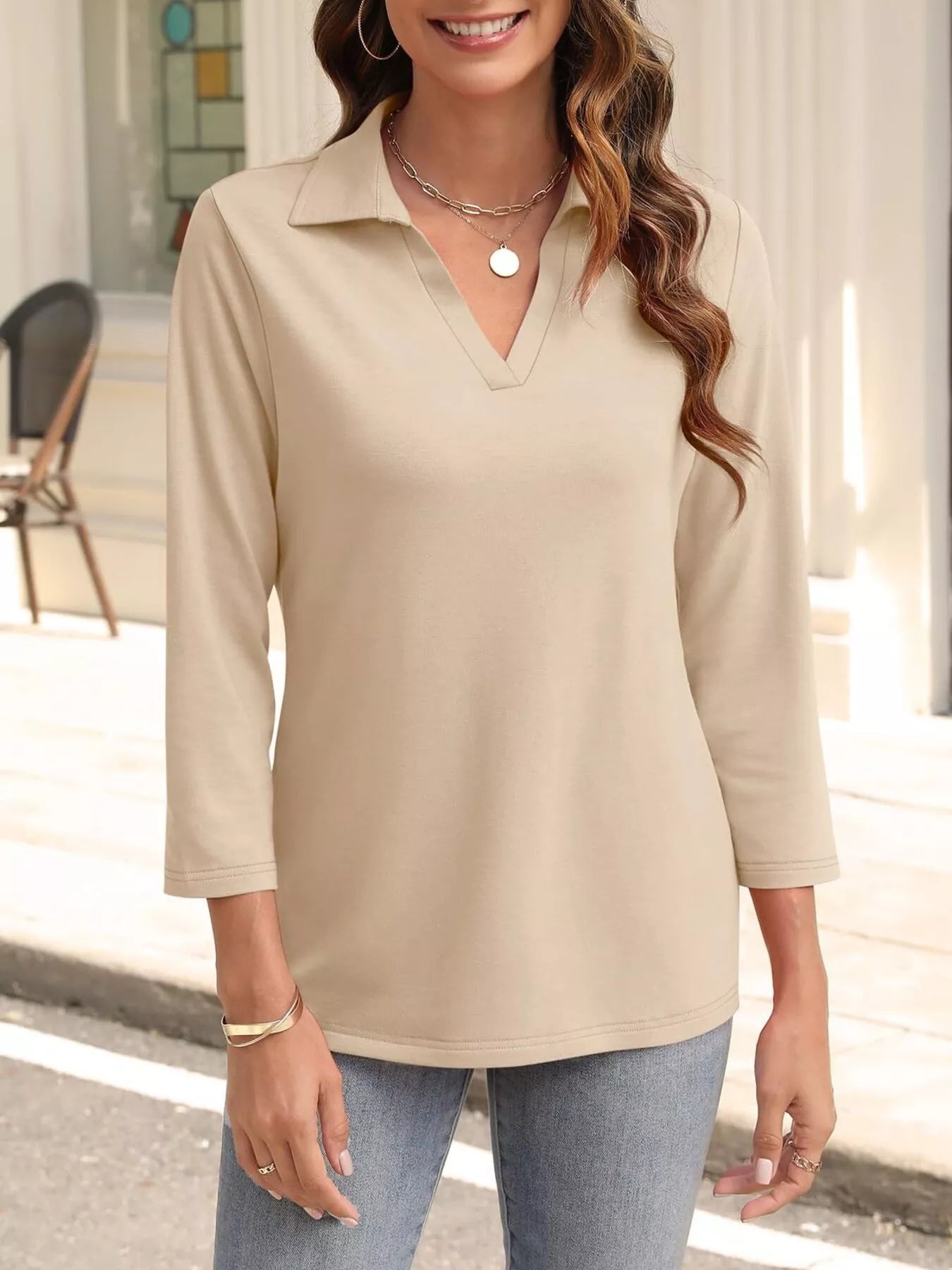 Johnny Collar Solid Color Top Dust Storm OutfitFlow