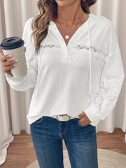 Lace Detail Long Sleeve Drawstring Hoodie OutfitFlow