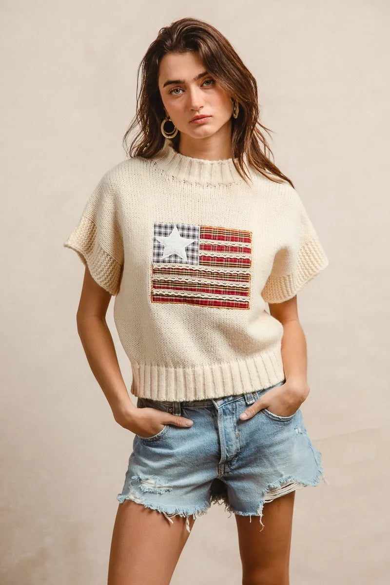 BiBi American Flag Patchwork Drop Shoulder Sweater OutfitFlow