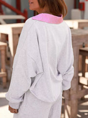 Contrasted Trim Frilled Collar Drop Shoulder Top and Drawstring Pant Set OutfitFlow