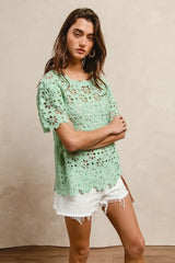 BiBi Openwork Crochet Short Sleeve Knit Top OutfitFlow