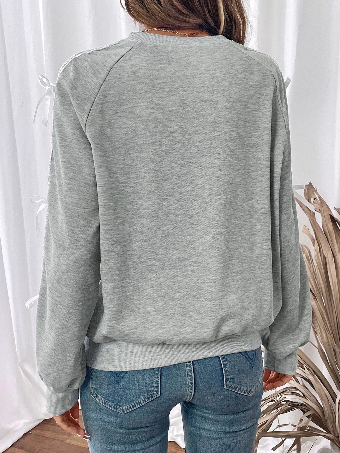 Lace Detail Round Neck Sweatshirt OutfitFlow
