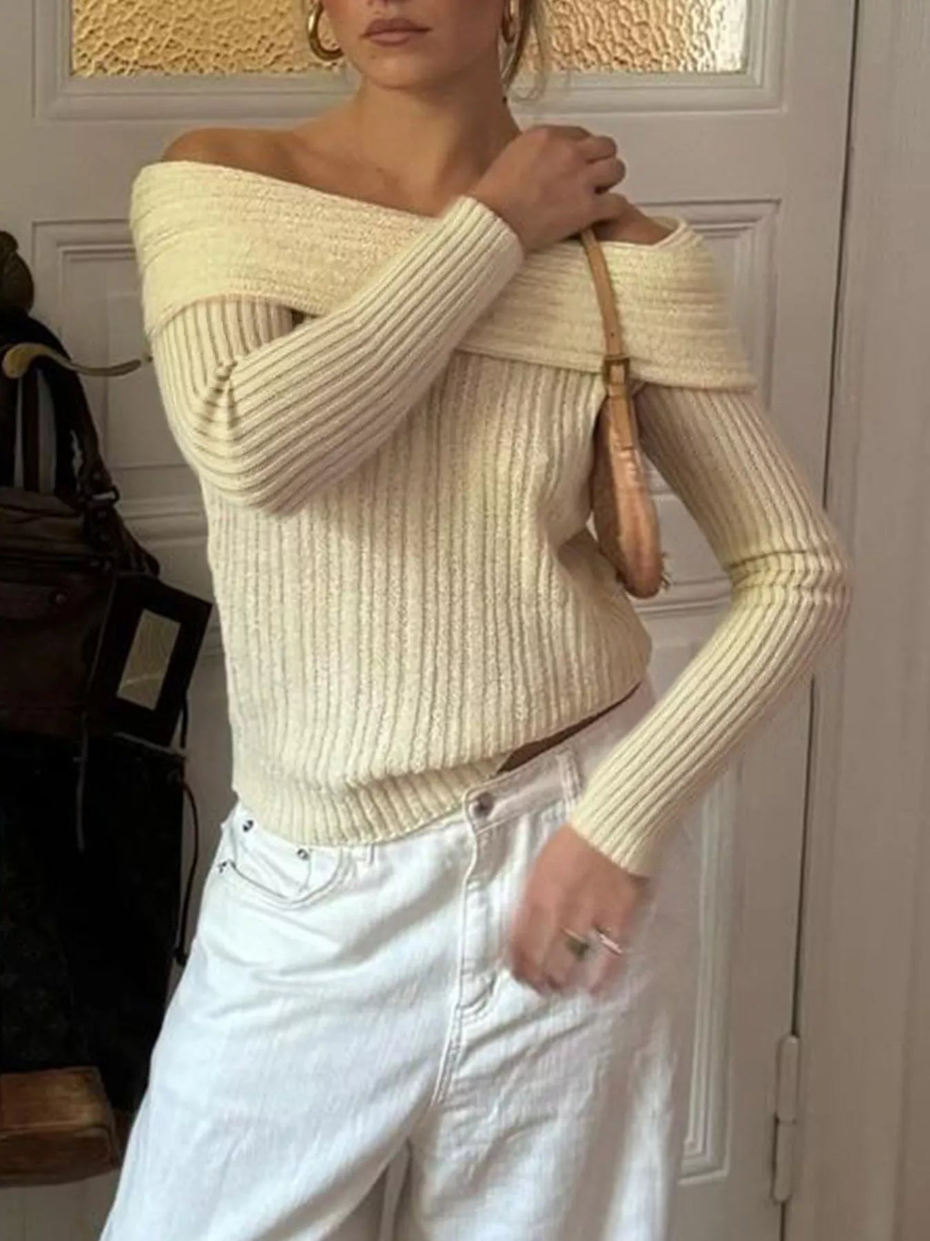 Off-Shoulder Ribbed Knit Sweater Light Yellow OutfitFlow