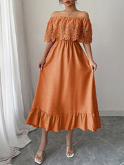 Off-Shoulder Lace Ruffle Midi Dress Tangerine OutfitFlow