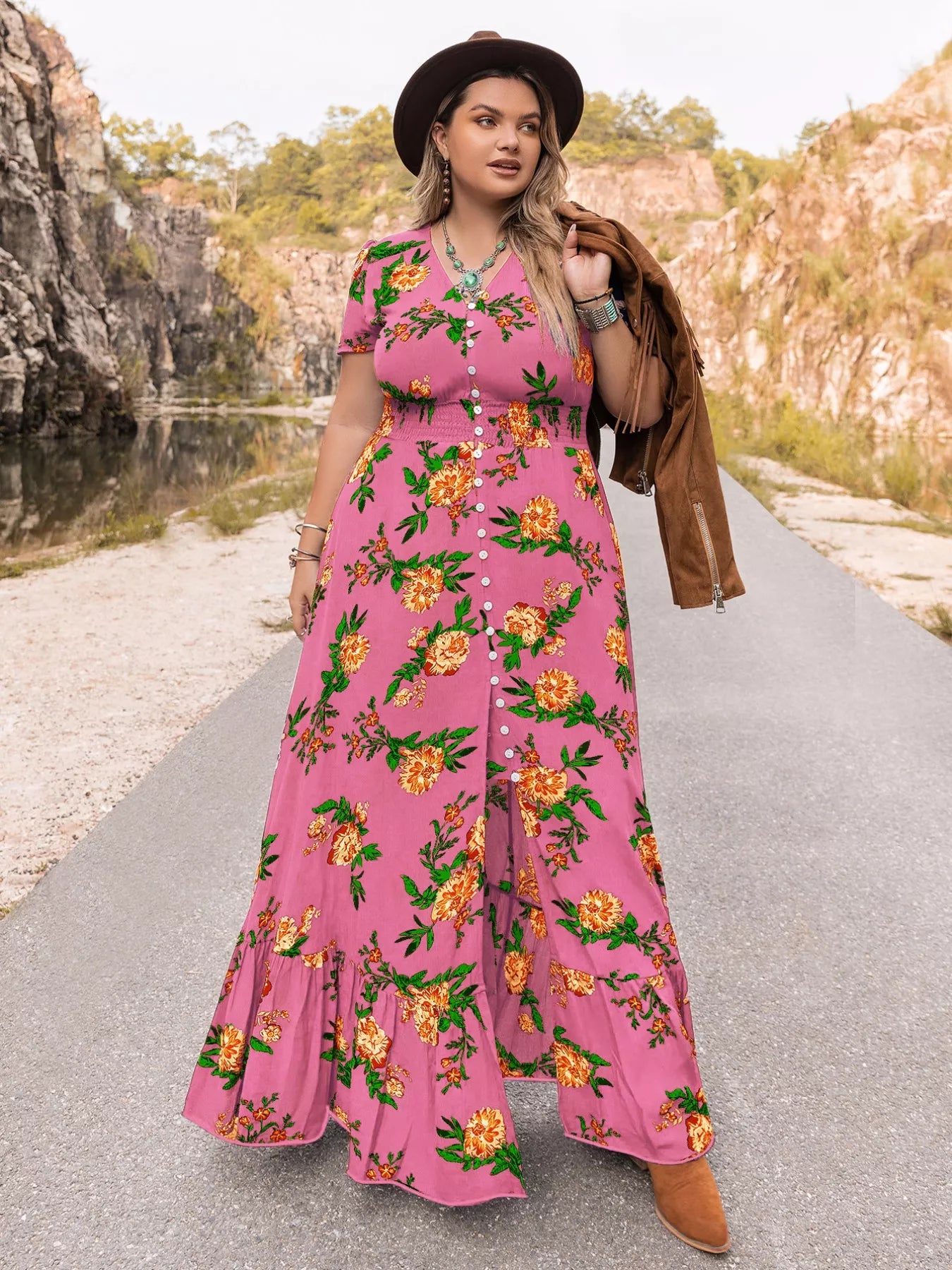 Plus Size Floral V-Neck Short Sleeve Maxi Dress OutfitFlow