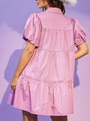 Full Size Sequin Button Front Puff Sleeve Shirt Dress Plus Size OutfitFlow