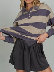 Striped Polo Collar Sweatshirt with Button Details OutfitFlow