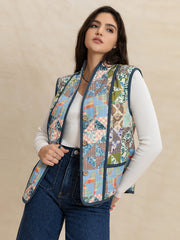 Printed Patchwork Contrast Piping Vest