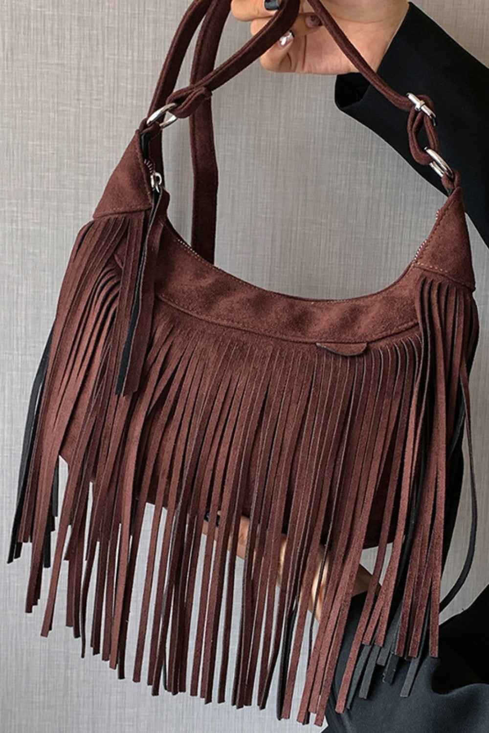 Suede Fringe Adjustable Strap Shoulder Bag Dark Brown One Size OutfitFlow