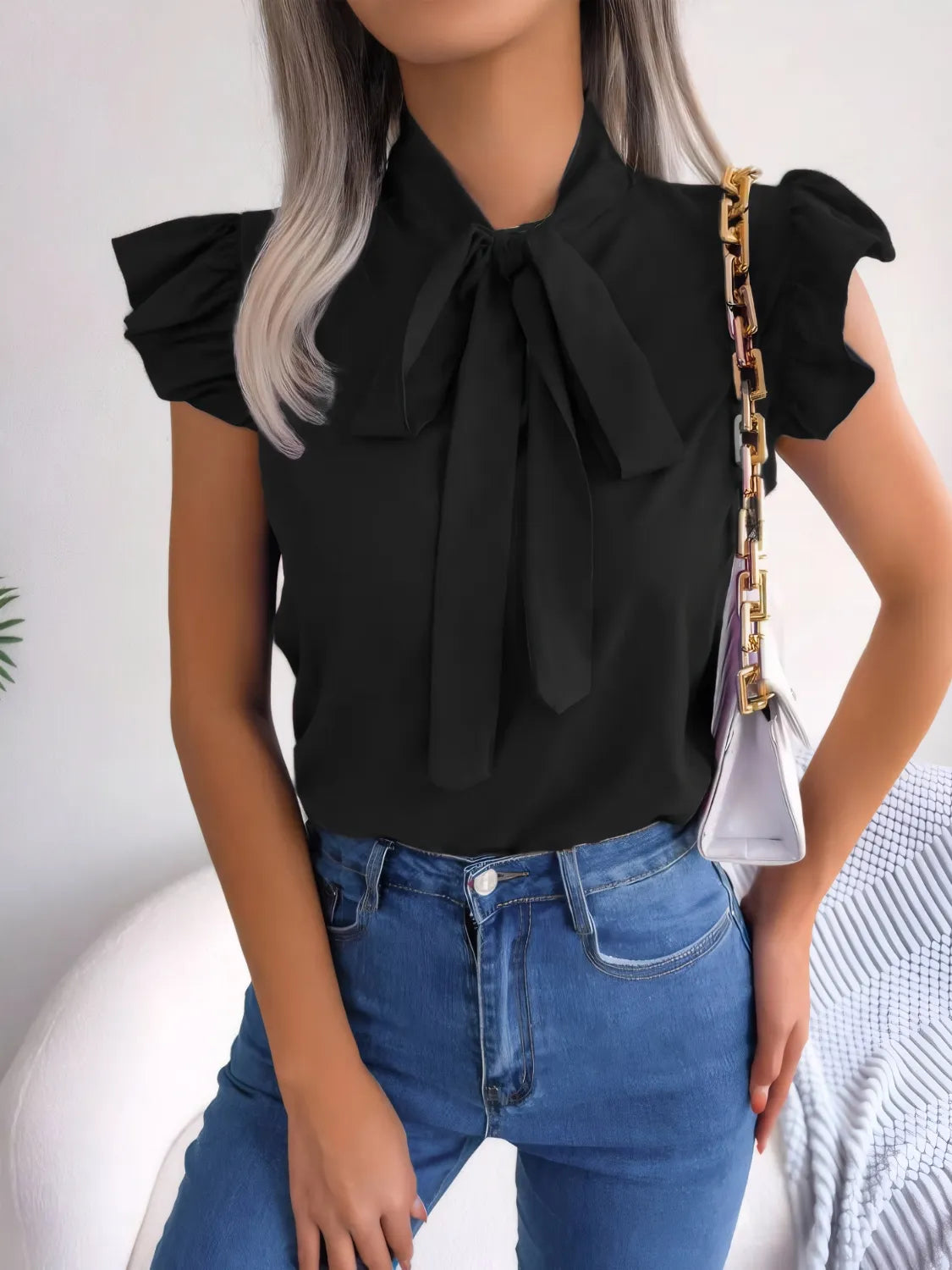 Ruffled Tie Neck Cap Sleeve Blouse OutfitFlow