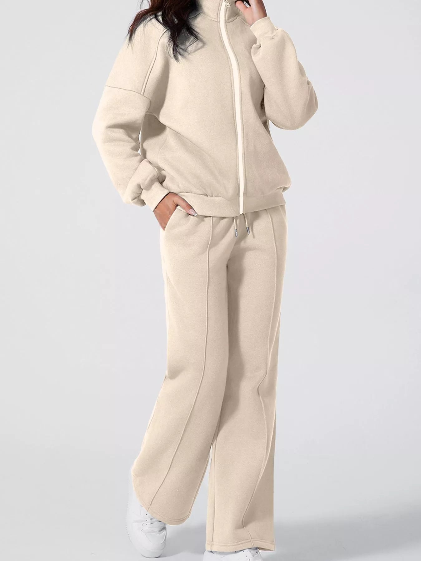 Drop Shoulder Zip Up Jacket and Drawstring Pants Active 2pcs Set OutfitFlow