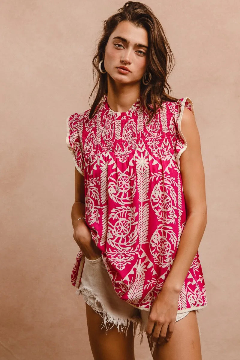 BiBi Printed Ruffle Sleeve Top OutfitFlow