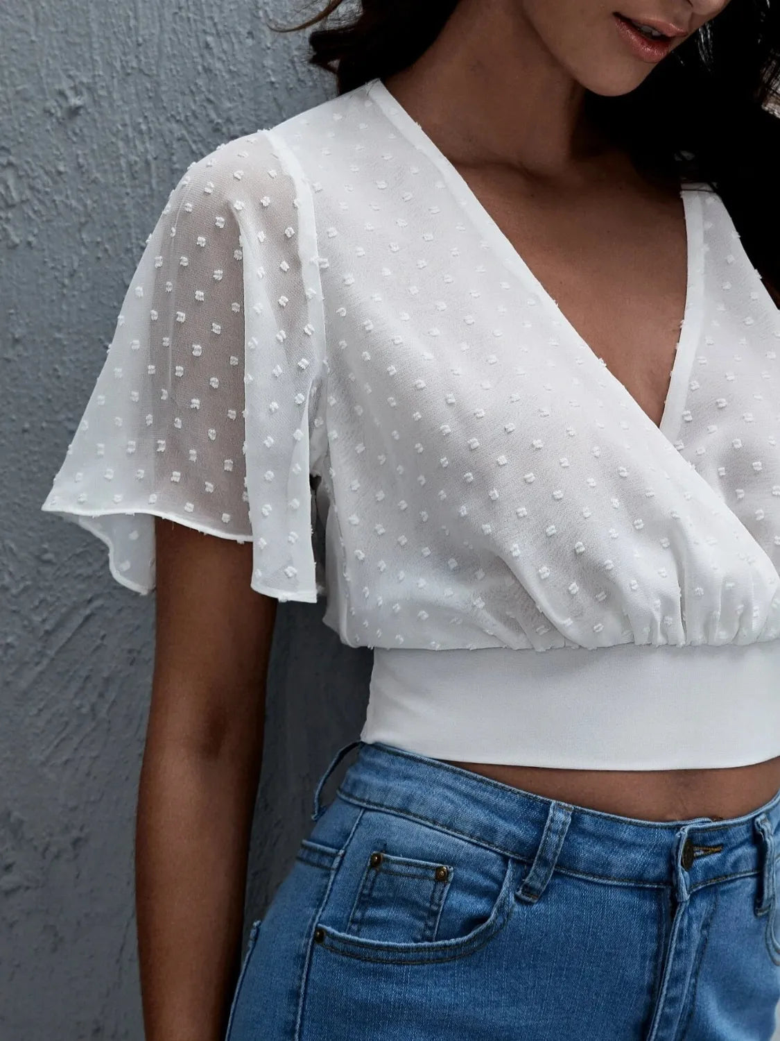 Short Sleeve Smocked Swiss Dot Blouse OutfitFlow