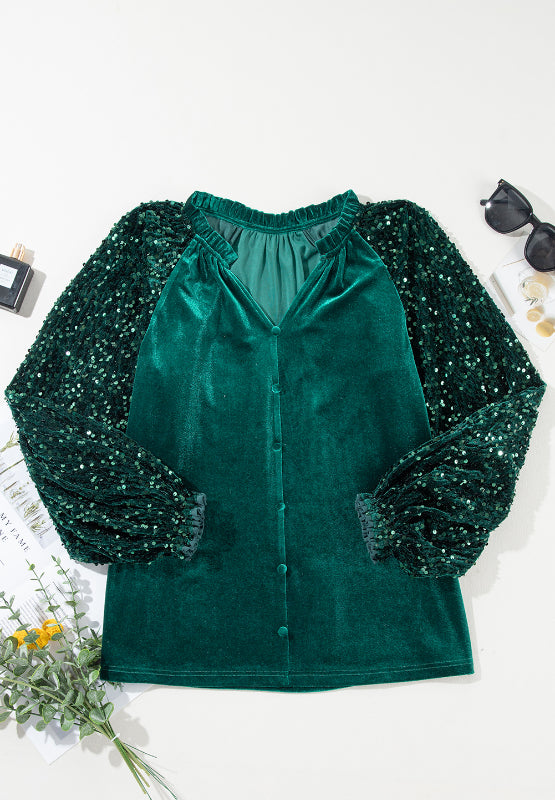 Outfit Flow - Sequin Notched Long Sleeve Blouse