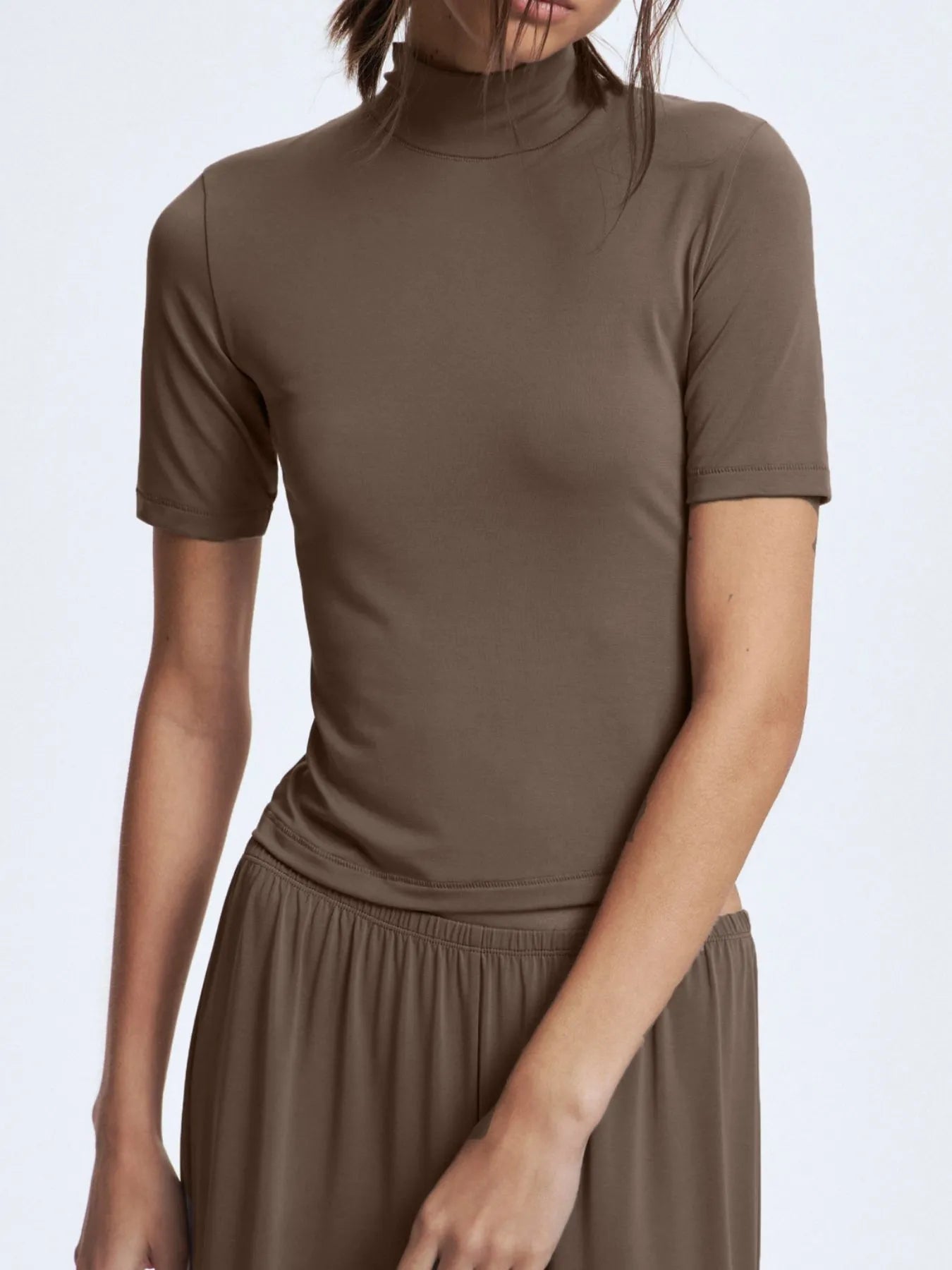Mock Neck Short Sleeve Top and Pants Set OutfitFlow