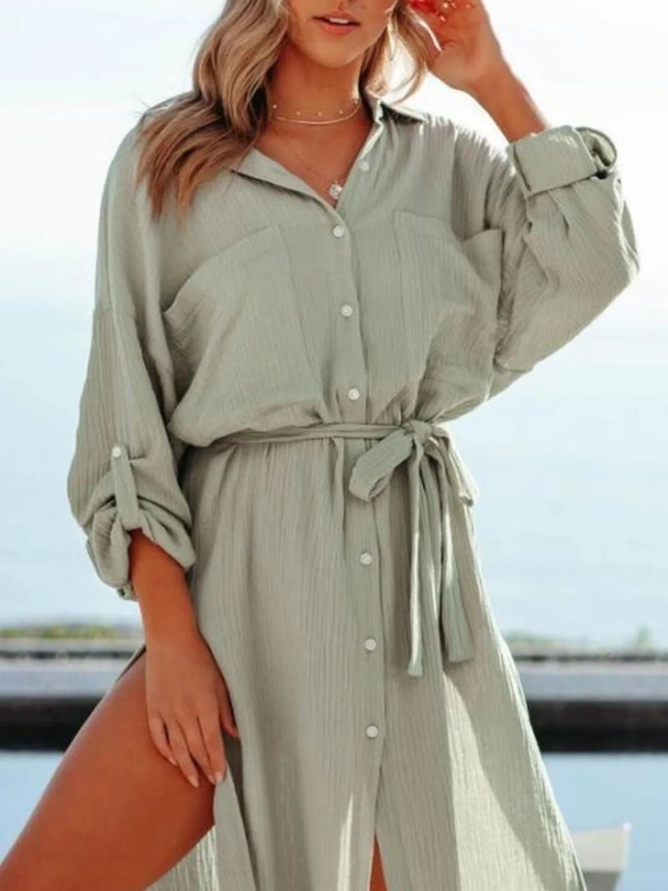 Button Down Tie Waist Shirt Dress Green OutfitFlow