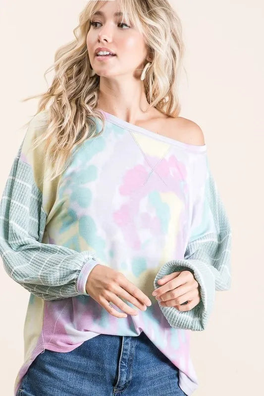 BiBi Tie Dye Terry Top with Wide Stripe Thermal Waffle OutfitFlow