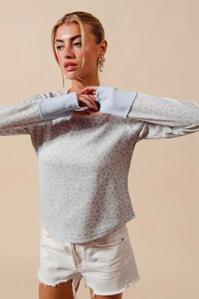 SO ME Textued Floral Knit Top with Contrast Cuffs DUSTY BLUE IVORY OutfitFlow
