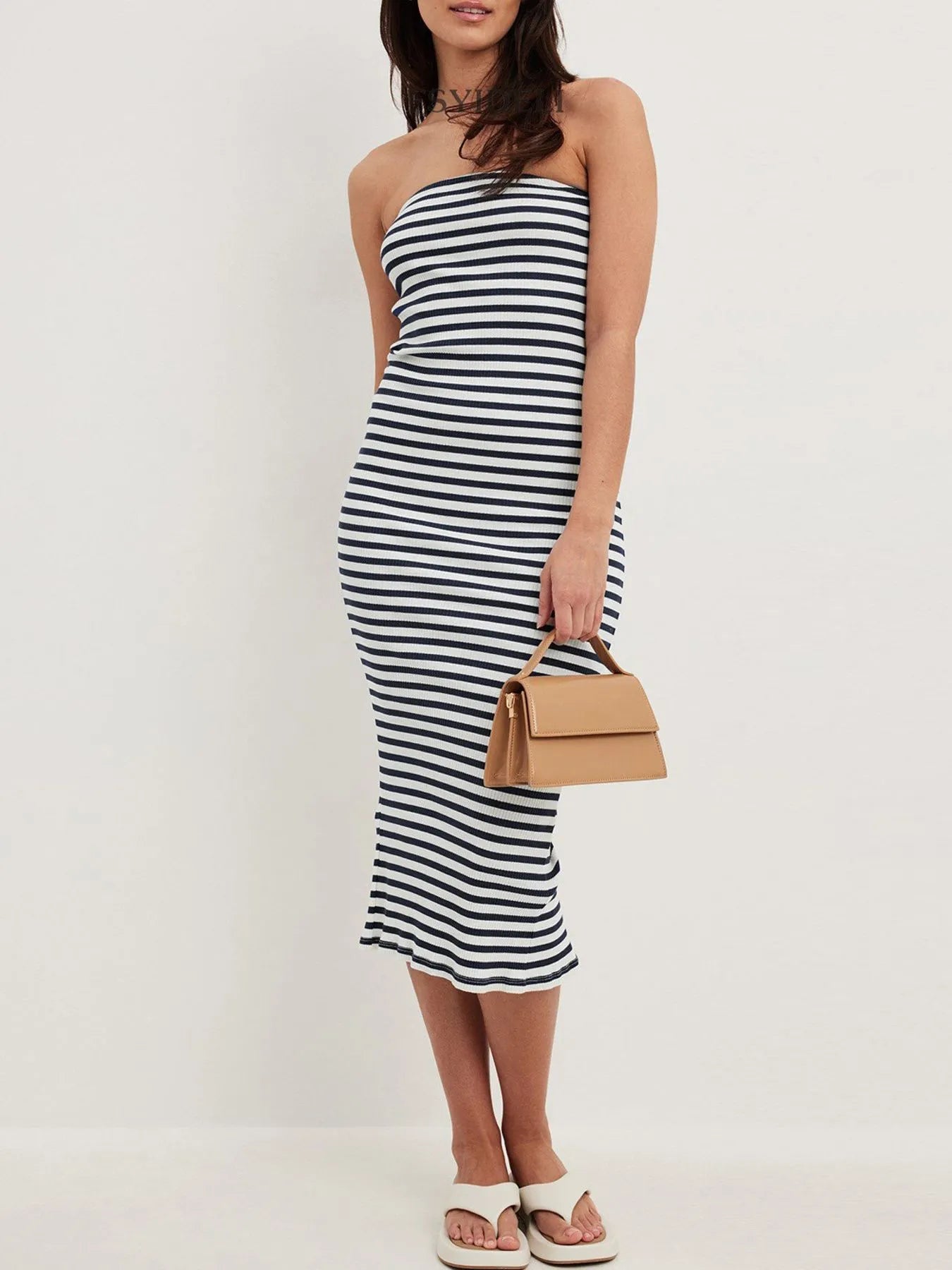 Slit Back Striped Strapless Bodycon Midi Dress Black Stripe OutfitFlow