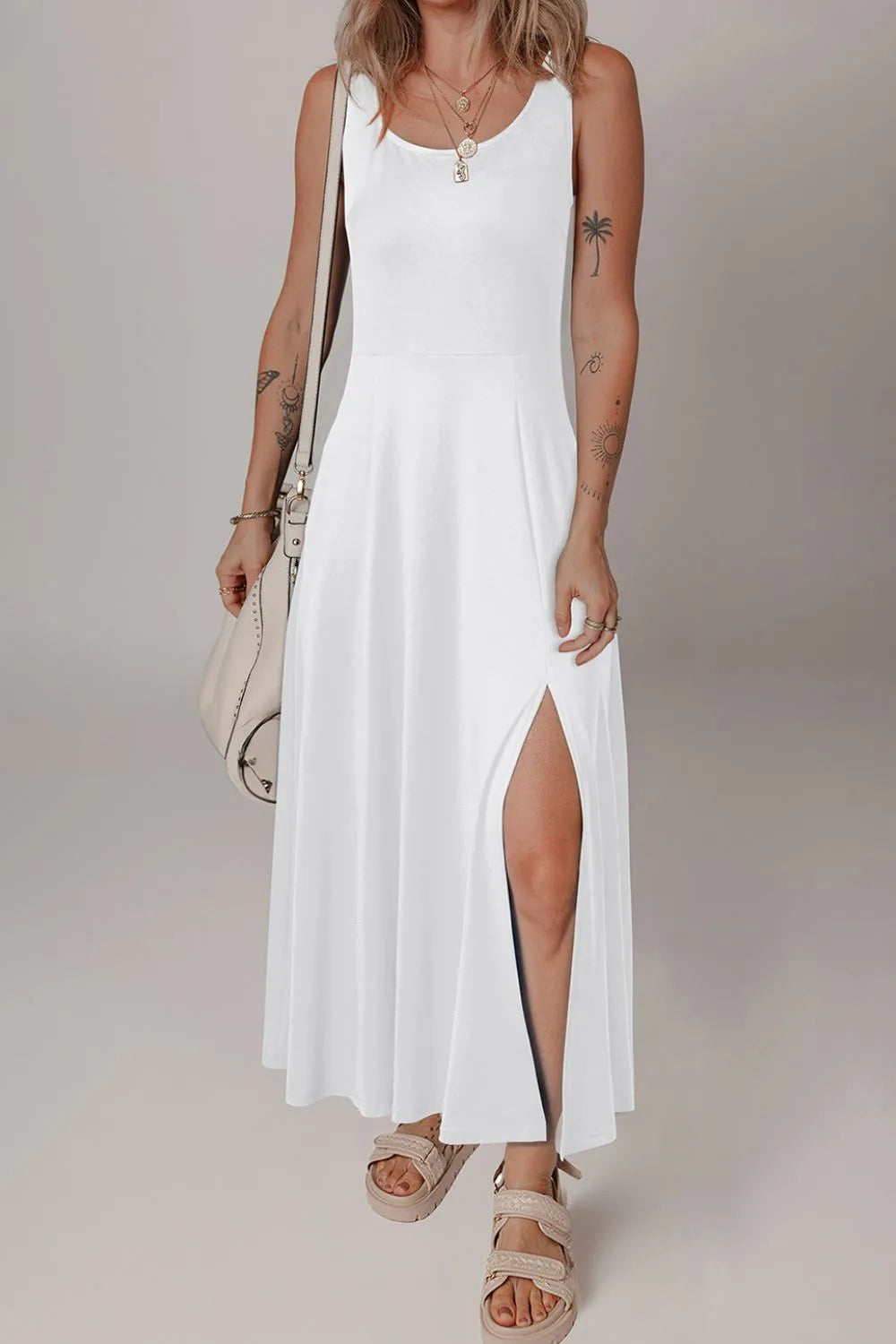 Side Slit Scoop Neck Wide Strap Dress OutfitFlow