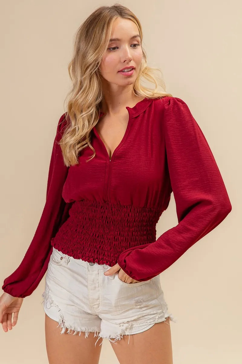 BiBi Smoking Waist Band and Puff Sleeves Deep V Neck Top WINE OutfitFlow
