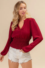 BiBi Smoking Waist Band and Puff Sleeves Deep V Neck Top WINE OutfitFlow